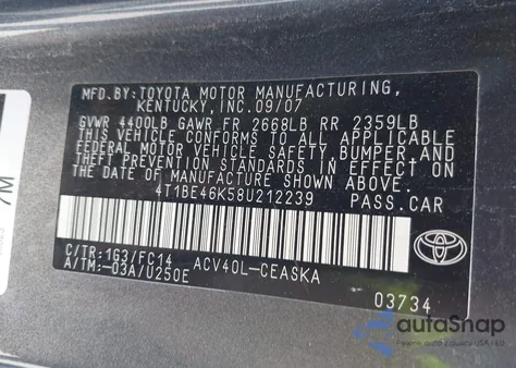 2008 Toyota Camry Se из США, поврежденный, VIN 4T1BE46K58U212239